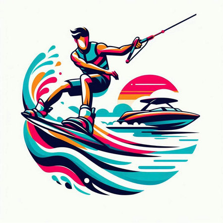 Water sport. Man wakeboarding on the water. Vector illustration.のイラスト素材