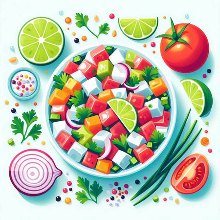 Fresh vegetable salad with tomato, onion, parsley, pepper and mayonnaiseのイラスト素材