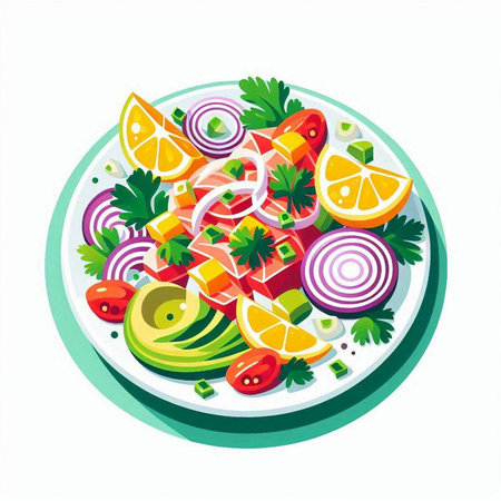 Salad with salmon, avocado, tomato, onion and parsley on white backgroundのイラスト素材