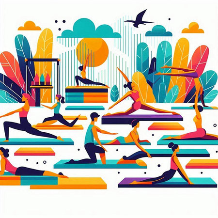 People practicing yoga in the park. Vector illustration in flat style.のイラスト素材