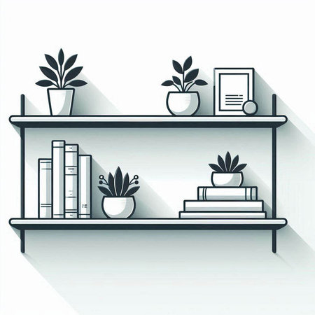 Bookshelf with books and potted plants. Vector illustration.のイラスト素材