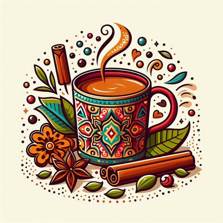 Cup of coffee with cinnamon, star anise and leaves. Vector illustration.のイラスト素材