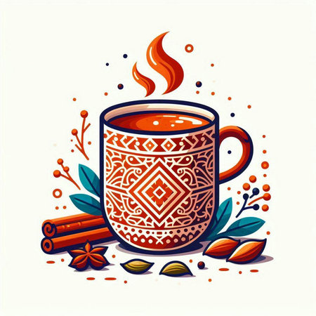 Cup of hot tea with cinnamon, cardamom and cloves. Vector illustration.のイラスト素材