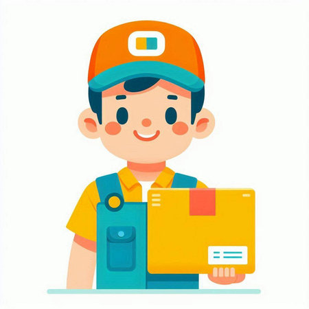 Delivery man with parcel box. Cute cartoon character vector illustration.のイラスト素材