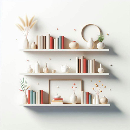 White bookshelf with books and decorations. 3d rendering.のイラスト素材