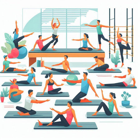 Vector illustration of people doing yoga in gym. Men and women in various yoga poses.のイラスト素材