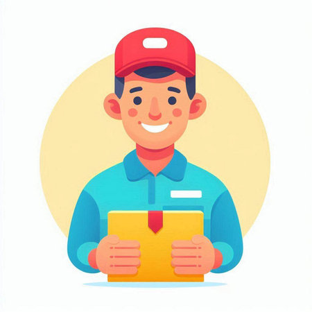 Smiling delivery man in uniform holding parcel. Vector illustration in cartoon styleのイラスト素材