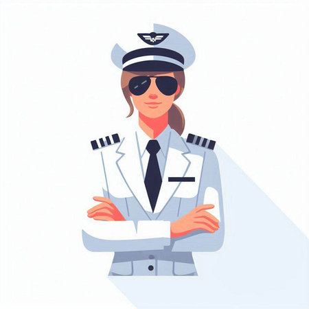 Vector illustration of a female pilot in a cap and sunglasses on a white background.のイラスト素材