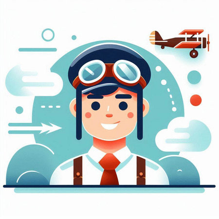 Vector illustration of aviator in helmet and glasses with airplane on backgroundのイラスト素材