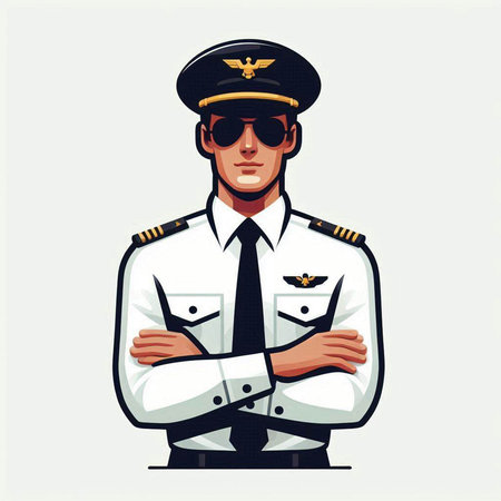 Pilot in uniform. Vector illustration of a pilot with crossed arms.のイラスト素材