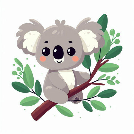 Cute cartoon koala on a branch with leaves. Vector illustration.のイラスト素材