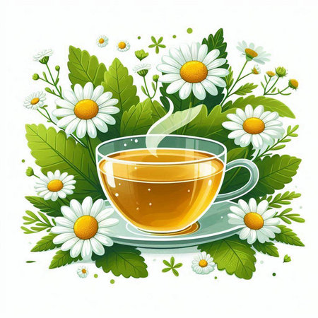 Cup of herbal tea with chamomile flowers. Vector illustration.のイラスト素材