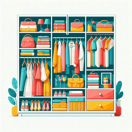 Wardrobe with clothes and accessories. Vector illustration in flat style.のイラスト素材