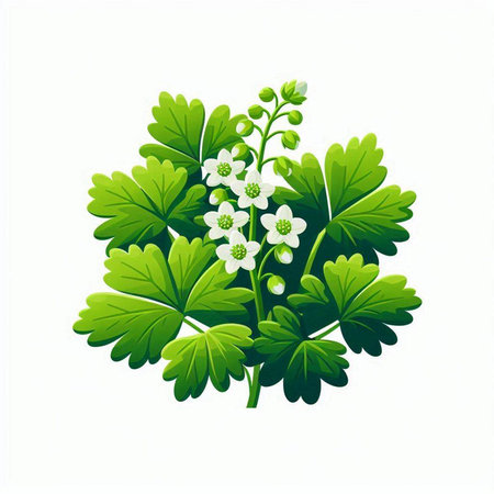 Illustration of white flowers and green leaves on a white background.のイラスト素材