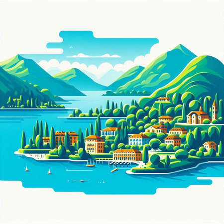 Landscape of Lake Como, Italy. Vector illustration for your designのイラスト素材
