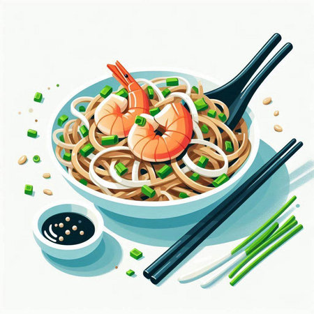Illustration of a bowl of noodle with shrimps and chopsticksのイラスト素材