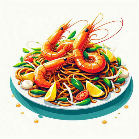 Seafood noodle with shrimps. Vector illustration.のイラスト素材