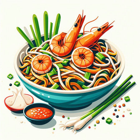 Illustration of a bowl of chinese noodles with shrimpsのイラスト素材