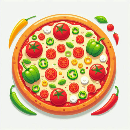 Pizza with tomatoes, peppers and mozzarella. Vector illustrationのイラスト素材