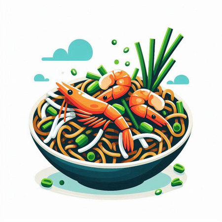 Noodles with shrimps and vegetables in a bowl. Vector illustration.のイラスト素材