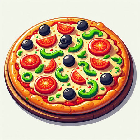 Pizza with tomato, pepper and olives. Vector illustration.のイラスト素材