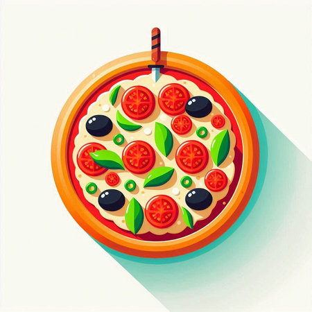 Pizza with tomatoes, olives and cheese. Vector illustration.のイラスト素材