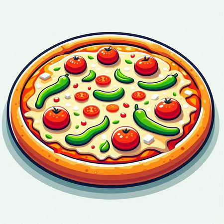 Pizza with tomato, pepper, onion and cucumber. Vector illustration.のイラスト素材