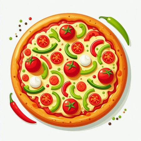 Pizza with mozzarella, tomato and pepper. Vector illustrationのイラスト素材