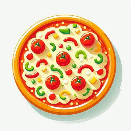 Pizza with tomato, pepper, cheese and cucumber. Vector illustration.のイラスト素材