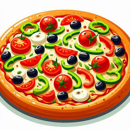 Pizza with mozzarella, tomato, pepper and olivesのイラスト素材