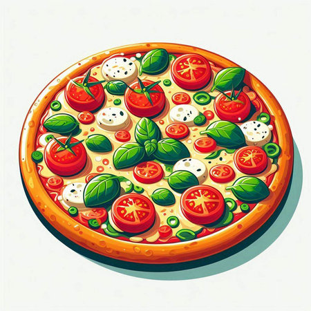 Pizza with mozzarella, tomatoes and basil. Vector illustration.のイラスト素材