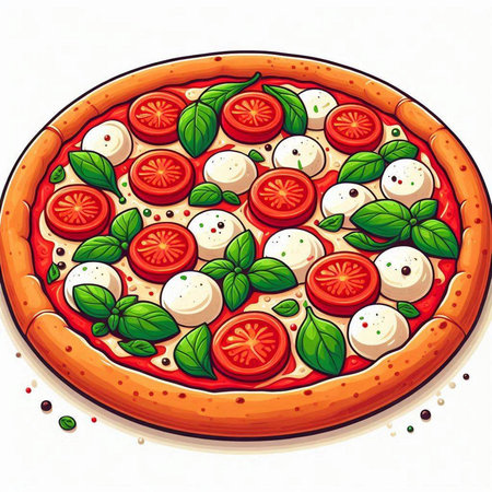 Pizza with mozzarella, tomato and basil. Vector illustration.のイラスト素材