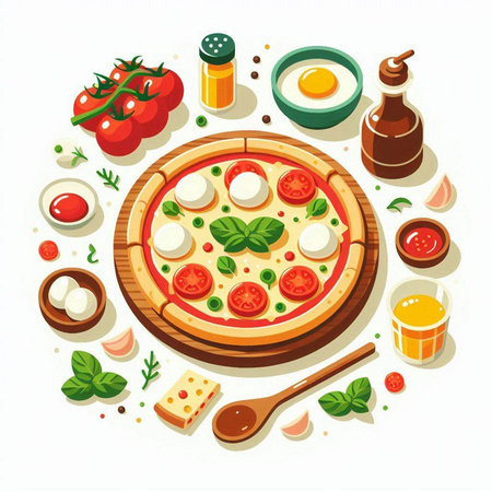 Pizza with mozzarella, tomato, egg and basil. Vector illustrationのイラスト素材