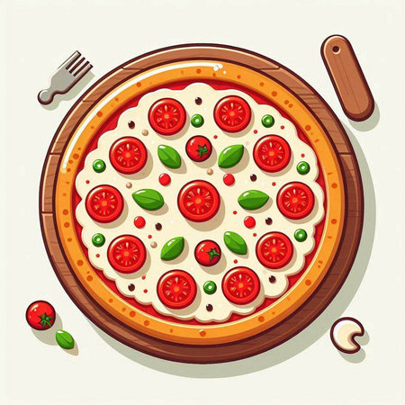 Pizza with tomato, mozzarella and basil. Vector illustration.のイラスト素材