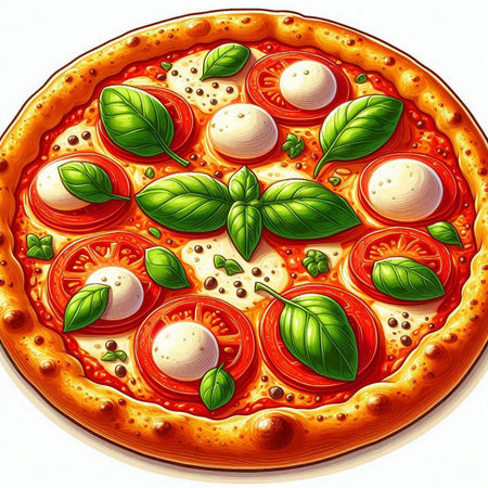 Pizza with mozzarella, tomato and basil. Vector illustration.のイラスト素材