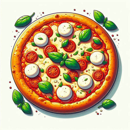 Pizza with mozzarella, tomatoes and basil. Vector illustrationのイラスト素材