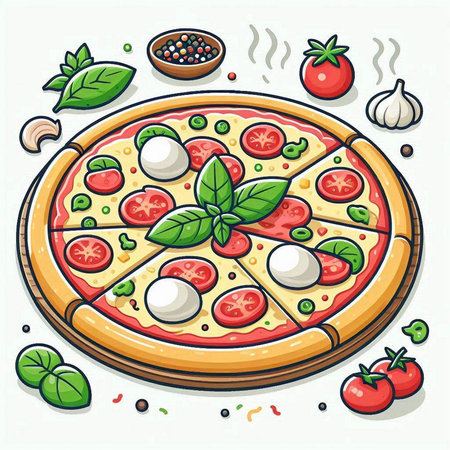 Pizza with mozzarella, tomatoes and basil. Vector illustration.のイラスト素材