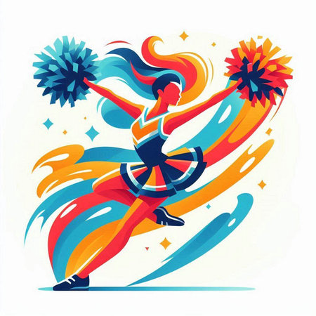 Cheerleader with pompoms jumping in the air, vector illustrationのイラスト素材