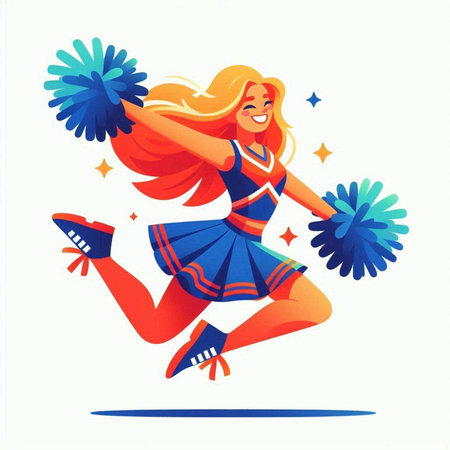 Cheerleader with pompoms jumping in the air. Vector illustrationのイラスト素材