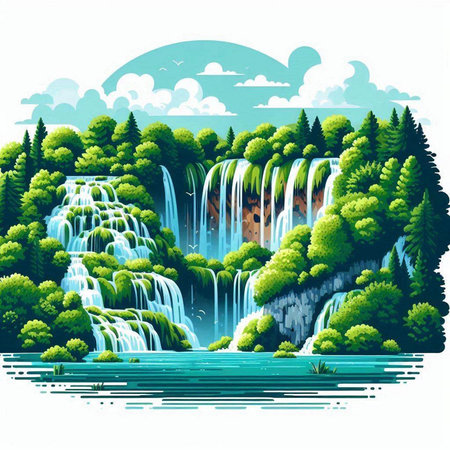 Waterfalls in the forest. Waterfall on the river. Vector illustrationのイラスト素材