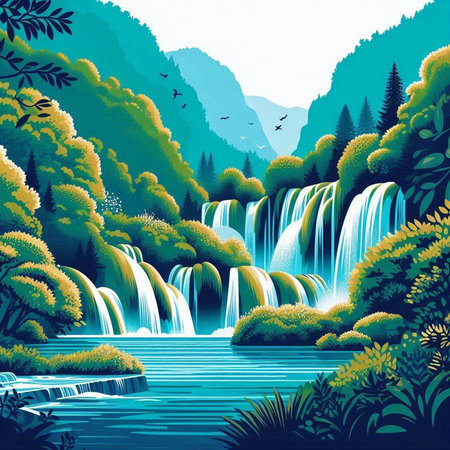 Waterfall in the forest. Waterfall in the mountains. Vector illustration.のイラスト素材