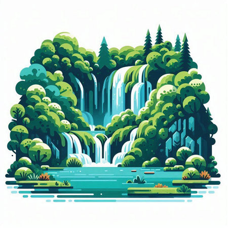 Waterfall in the forest. Vector illustration in a flat style.のイラスト素材