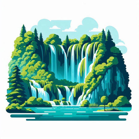 Waterfall in the forest. Waterfall in the forest. Vector illustration.のイラスト素材