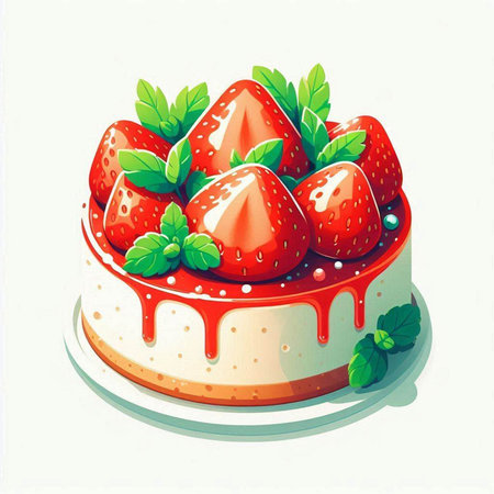 Strawberry cake with cream and fresh strawberries. Vector illustration.のイラスト素材