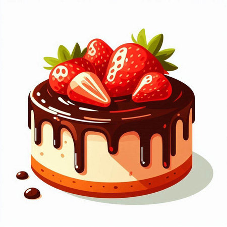 Chocolate cake with strawberries isolated on white background. Vector illustration.のイラスト素材