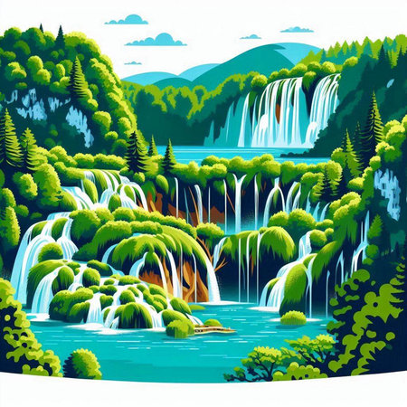 Waterfalls in the forest. Beautiful nature landscape. Vector illustration.のイラスト素材