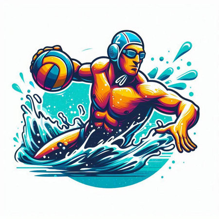 Water polo player with ball on the waves. Vector illustration.のイラスト素材