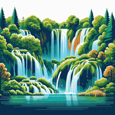 Waterfall in the forest. Vector illustration of a beautiful landscape.のイラスト素材