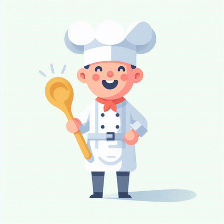Chef boy with a ladle. Vector illustration in cartoon styleのイラスト素材