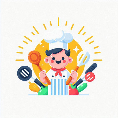 Cartoon chef with utensils. Vector illustration in flat styleのイラスト素材
